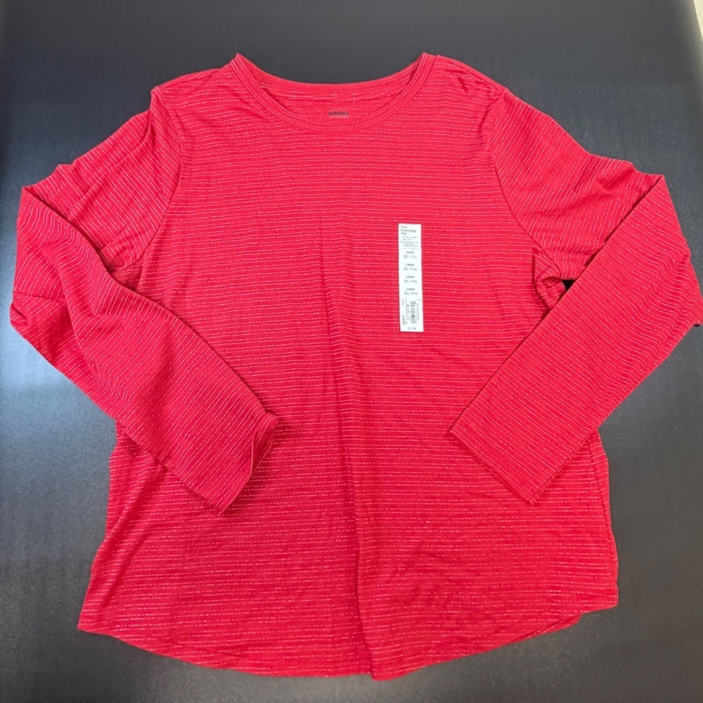 Sonoma Goods For Life Womens XL Red Silver Sparkle Striped Everyday Tee NWT K4